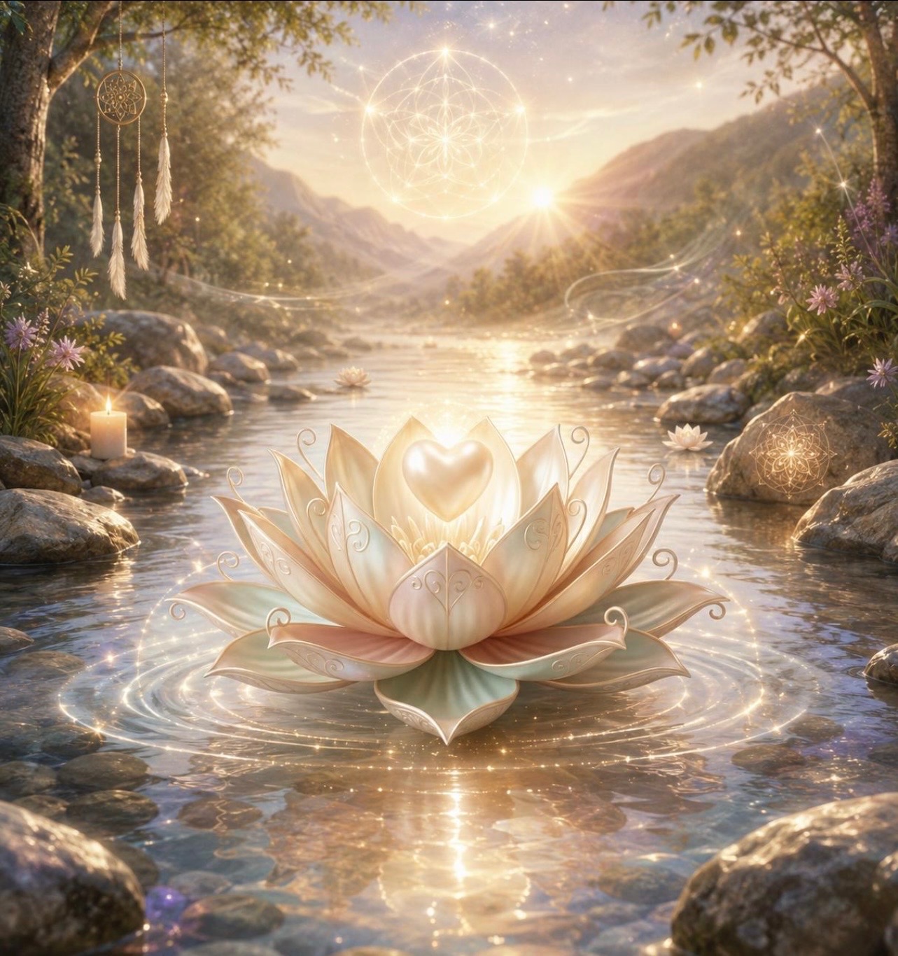 A glowing lotus flower on a calm river at sunrise, surrounded by candles and soft light
